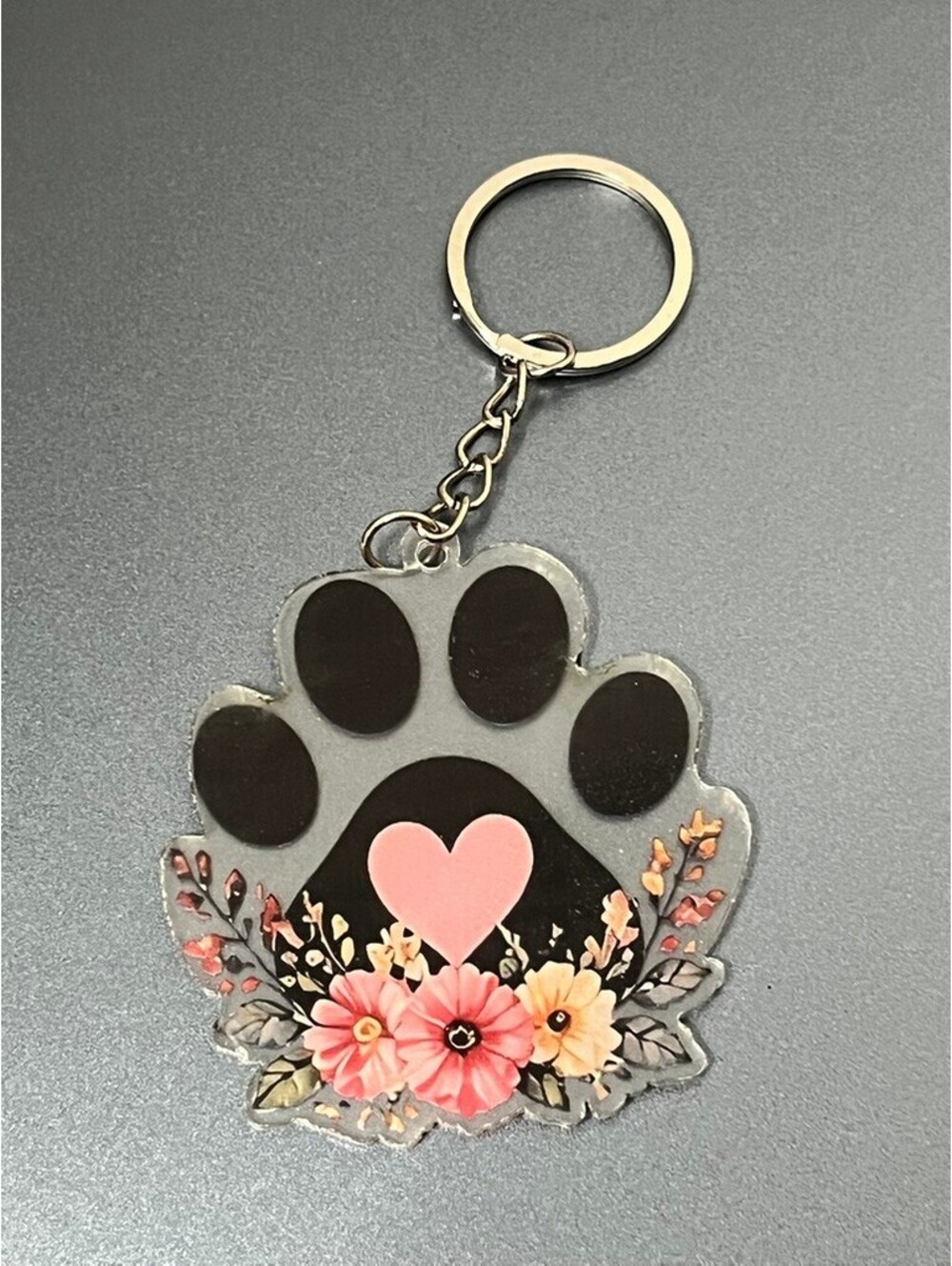 Cute Floral Paw Print Keychain with Heart Design
